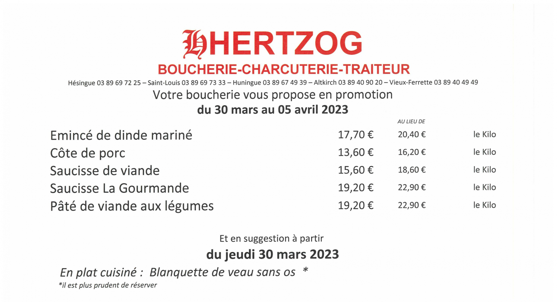 BOUCHERIE HERTZOG - Promotions du 30/03 au 05/04